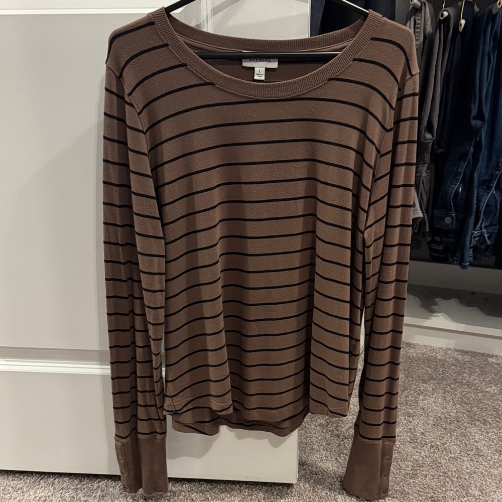 Evereve Chocolate and Ebony Striped Long Sleeve Top with Snap Cuffs